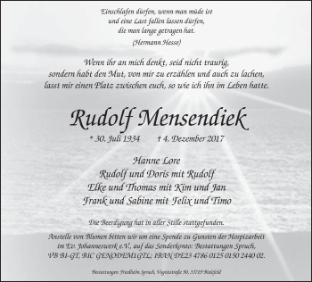 Traueranzeige von Rudolf Mensendiek von Neue Westfälische