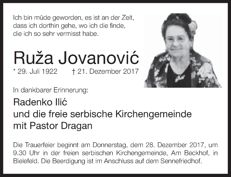  Traueranzeige für Ruža Jovanovic vom 28.12.2017 aus Neue Westfälische