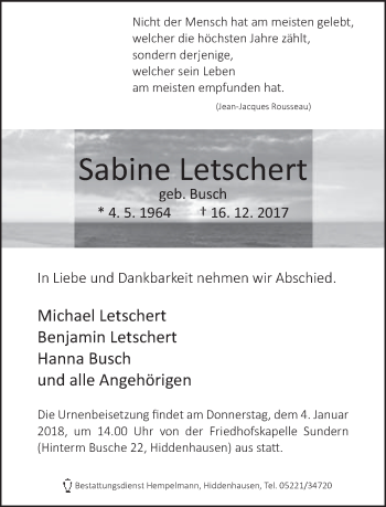 Traueranzeige von Sabine Letschert von Neue Westfälische