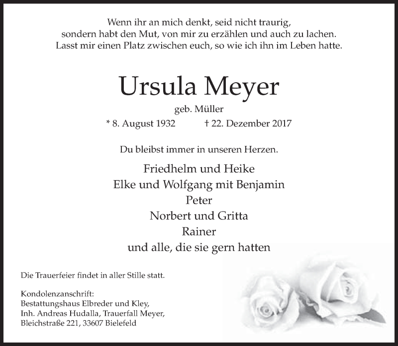  Traueranzeige für Ursula Meyer vom 30.12.2017 aus Neue Westfälische