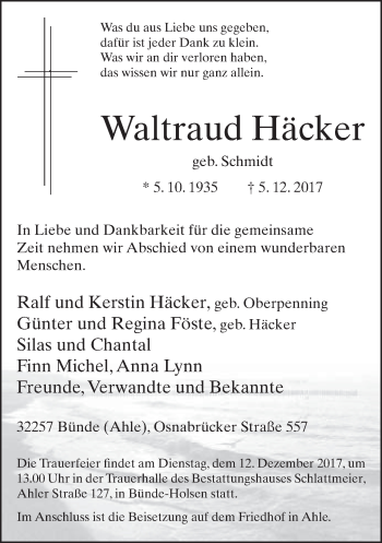 Traueranzeige von Waltraud Häcker von Neue Westfälische