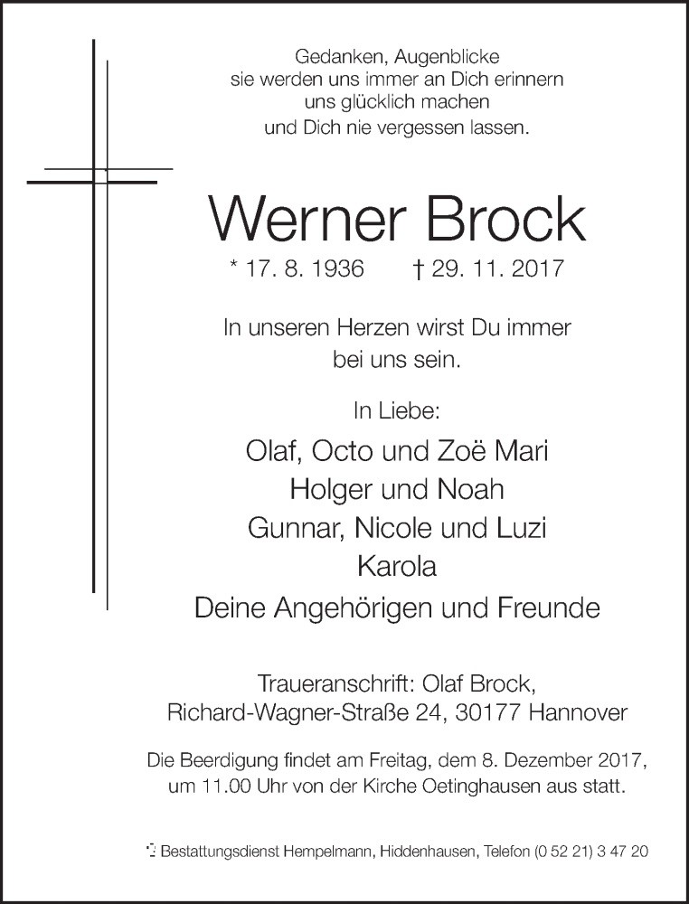 Traueranzeige für Werner Brock vom 04.12.2017 aus Neue Westfälische