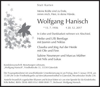 Traueranzeige von Wolfgang Hanisch von Neue Westfälische