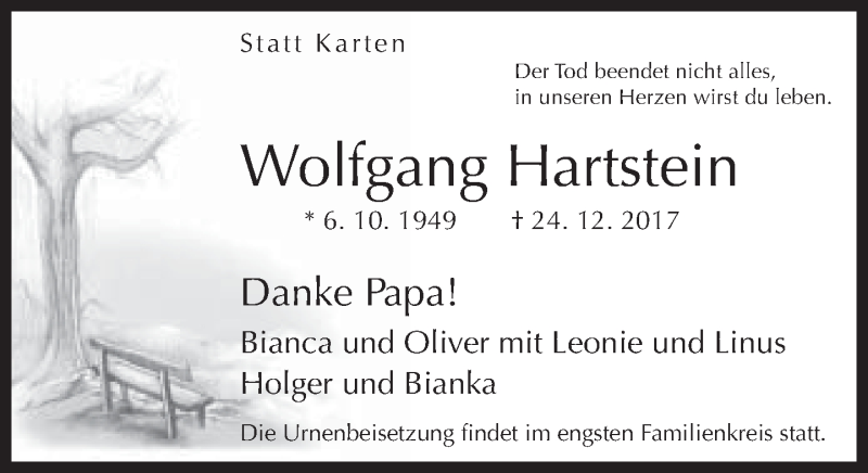  Traueranzeige für Wolfgang Hartstein vom 30.12.2017 aus Neue Westfälische