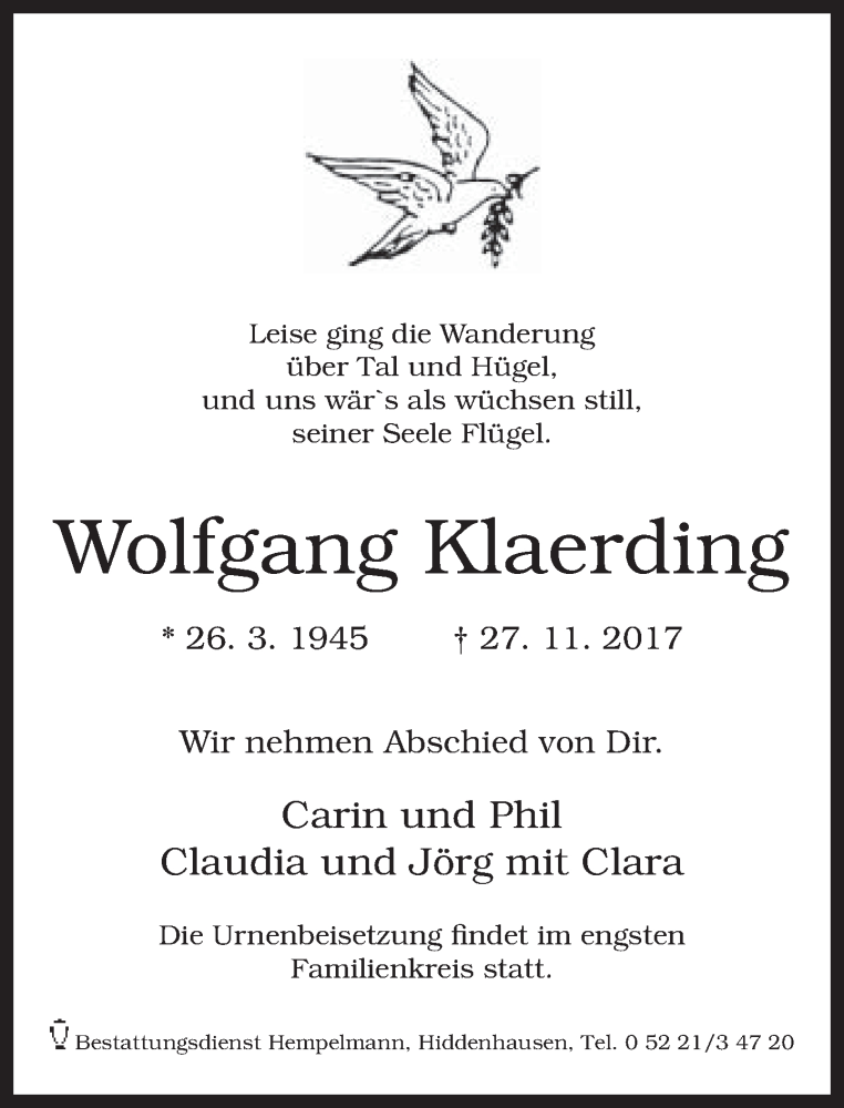  Traueranzeige für Wolfgang Klaerding vom 02.12.2017 aus Neue Westfälische