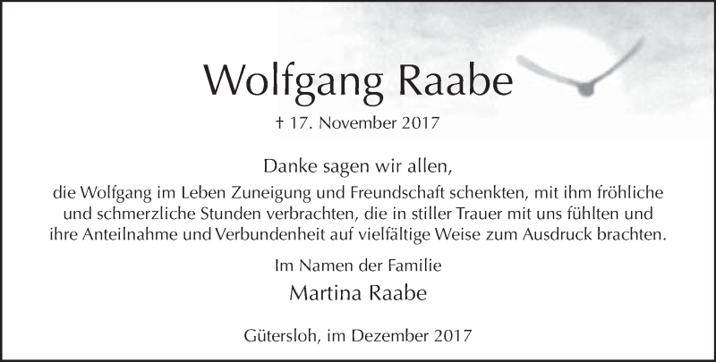  Traueranzeige für Wolfgang Raabe vom 23.12.2017 aus Neue Westfälische