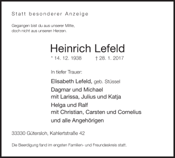 Traueranzeige von Heinrich Lefeld von Neue Westfälische