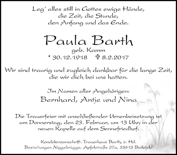 Traueranzeige von Paula Barth von Neue Westfälische