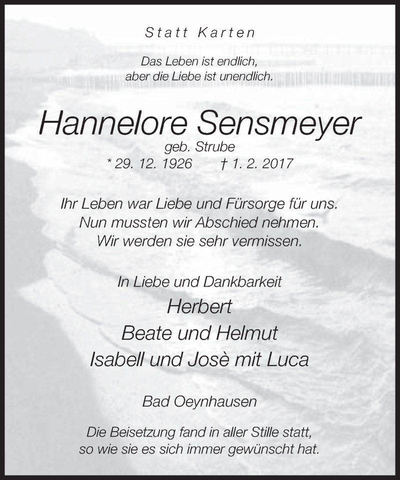  Traueranzeige für Hannelore Sensmeyer vom 11.02.2017 aus Neue Westfälische