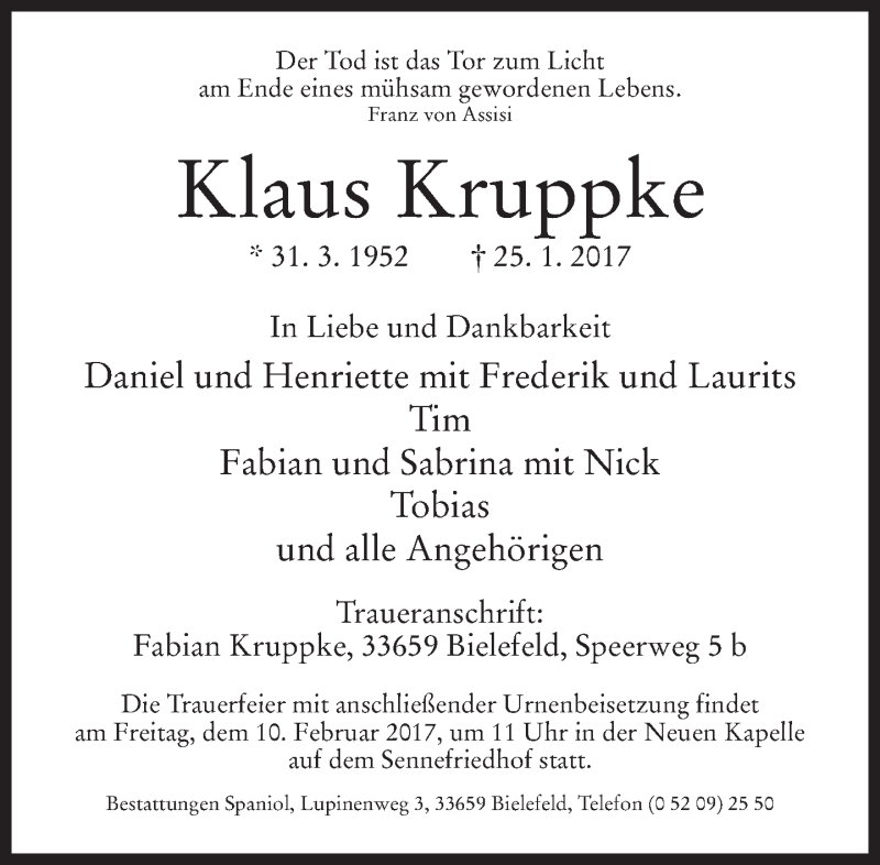  Traueranzeige für Klaus Kruppke vom 04.02.2017 aus Neue Westfälische
