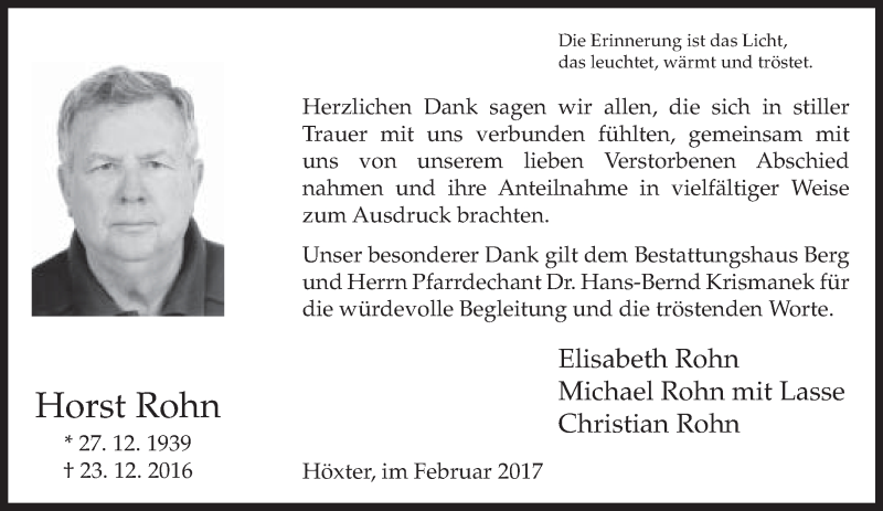  Traueranzeige für Horst Rohn vom 18.02.2017 aus Neue Westfälische