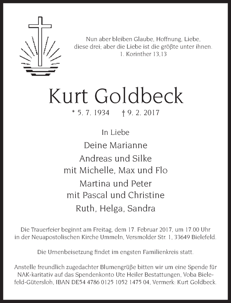  Traueranzeige für Kurt Goldbeck vom 11.02.2017 aus Neue Westfälische