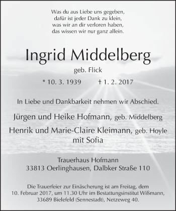 Traueranzeige von Ingrid Middelberg von Neue Westfälische