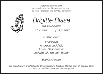 Traueranzeige von Brigitte Blase von Neue Westfälische