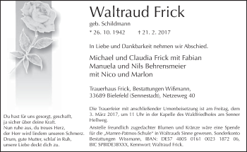 Traueranzeige von Waltraud Frick von Neue Westfälische