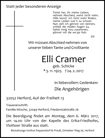 Traueranzeige von Elli Cramer von Neue Westfälische