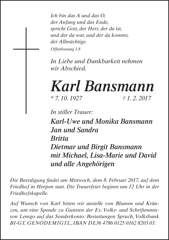  Traueranzeige für Karl Bansmann vom 04.02.2017 aus Neue Westfälische