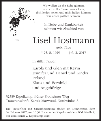 Traueranzeige von Lisel Hostmann von Neue Westfälische