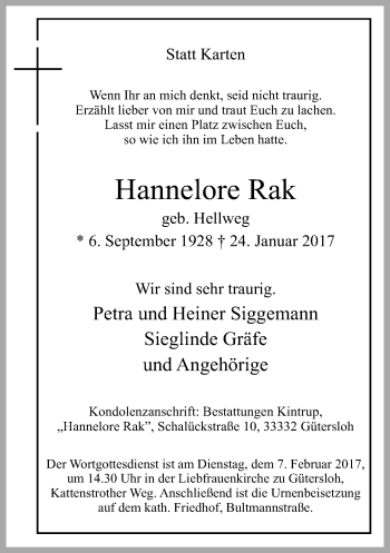 Traueranzeige von Hannelore Rak von Neue Westfälische