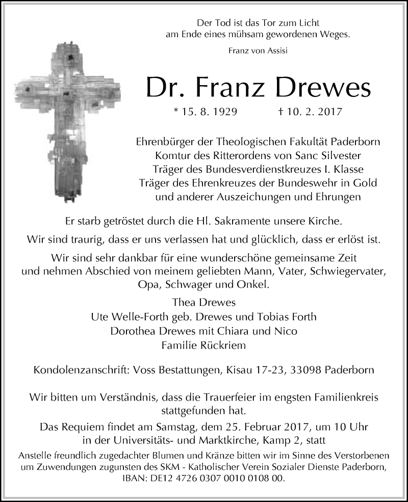  Traueranzeige für Franz Drewes vom 18.02.2017 aus Neue Westfälische