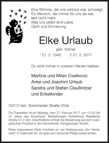 Traueranzeige von Elke Urlaub von Neue Westfälische