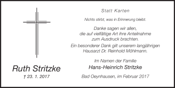 Traueranzeige von Ruth Stritzke von Neue Westfälische