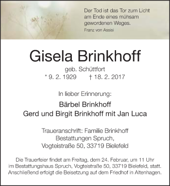 Traueranzeige von Gisela Brinkhoff von Neue Westfälische