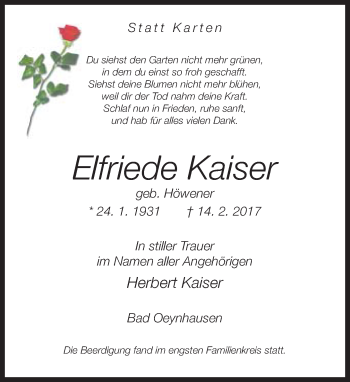 Traueranzeige von Elfriede Kaiser von Neue Westfälische