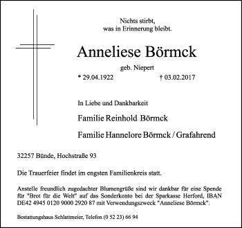 Traueranzeige von Anneliese Börmck von Neue Westfälische