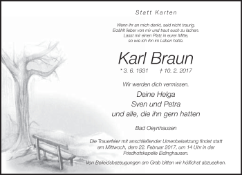 Traueranzeige von Karl Braun von Neue Westfälische