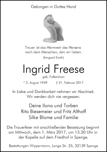 Traueranzeige von Ingrid Freese von Neue Westfälische