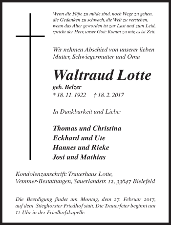 Traueranzeige von Waltraud Lotte von Neue Westfälische