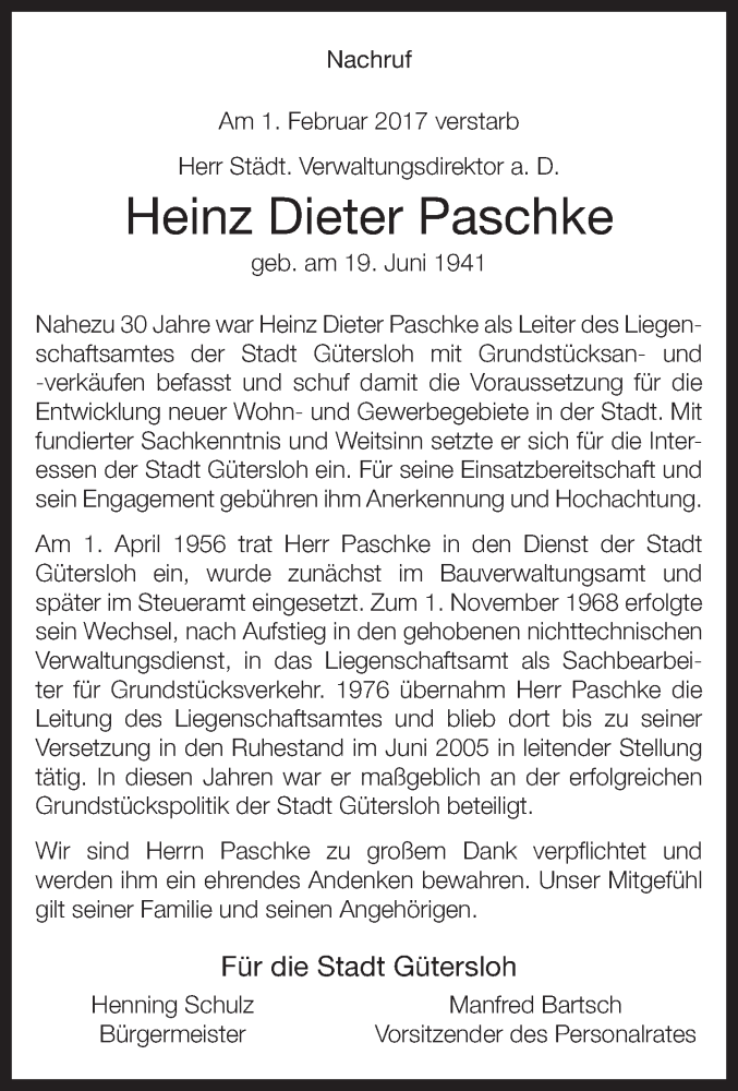  Traueranzeige für Heinz Dieter Paschke vom 10.02.2017 aus Neue Westfälische