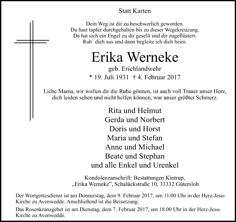 Traueranzeige für Erika Werneke vom 06.02.2017 aus Neue Westfälische