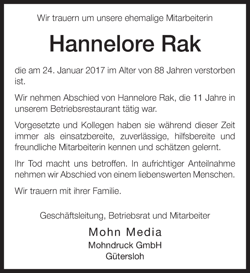  Traueranzeige für Hannelore Rak vom 03.02.2017 aus Neue Westfälische