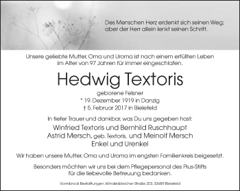 Traueranzeige von Hedwig Textoris von Neue Westfälische
