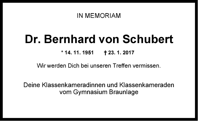  Traueranzeige für Bernhard von Schubert vom 09.02.2017 aus Neue Westfälische