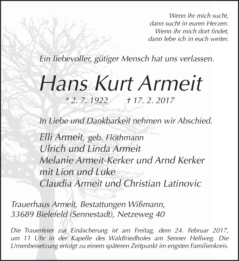  Traueranzeige für Hans Kurt Armeit vom 22.02.2017 aus Neue Westfälische