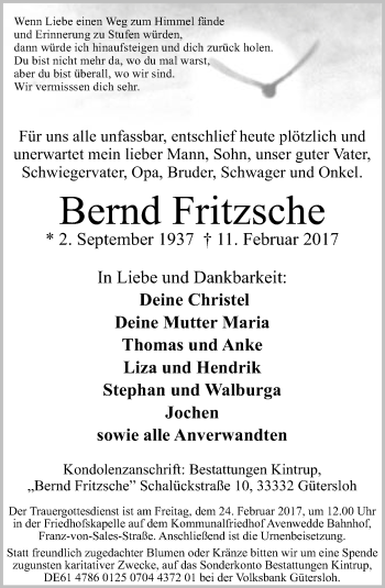 Traueranzeige von Bernd Fritzsche von Neue Westfälische