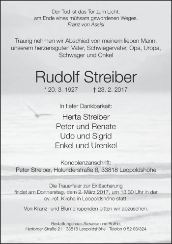 Traueranzeige von Rudolf Streiber von Neue Westfälische