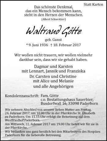 Traueranzeige von Waltraud Götte von Neue Westfälische
