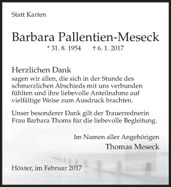 Traueranzeige von Barbara Pallentien-Meseck von Neue Westfälische