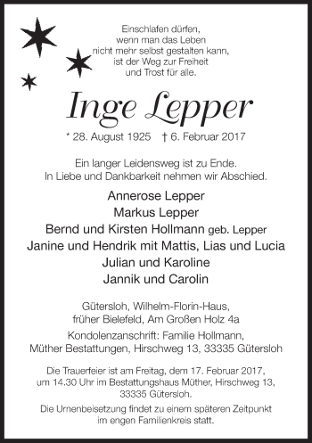 Traueranzeige von Inge Lepper von Neue Westfälische