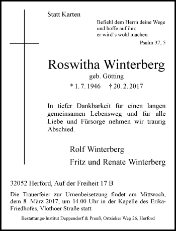 Traueranzeige von Roswitha Winterberg von Neue Westfälische