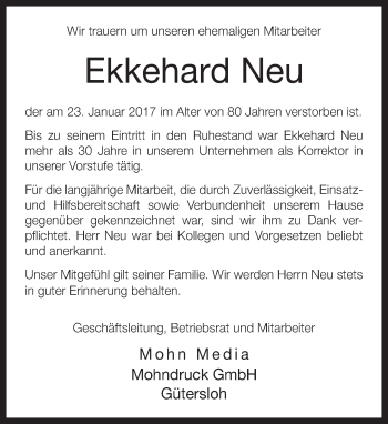 Traueranzeige von Ekkehard Neu von Neue Westfälische