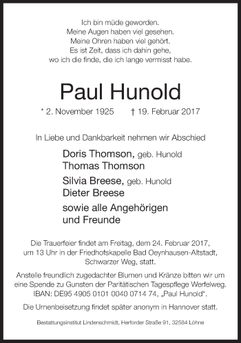 Traueranzeige von Paul Hunold von Neue Westfälische