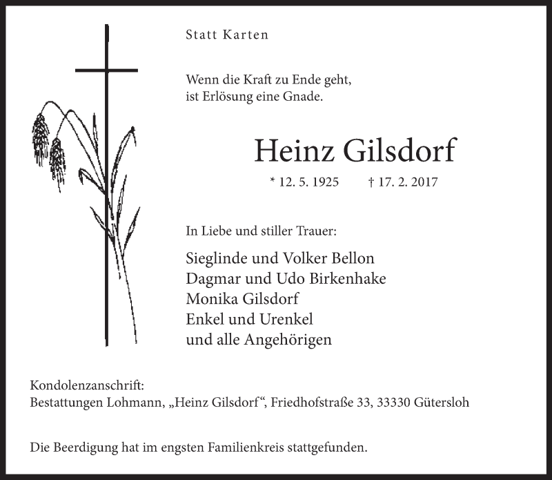  Traueranzeige für Heinz Gilsdorf vom 28.02.2017 aus Neue Westfälische