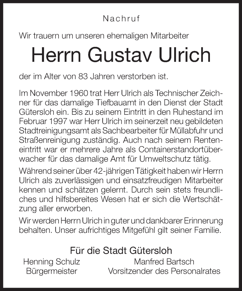  Traueranzeige für Gustav Ulrich vom 08.02.2017 aus Neue Westfälische
