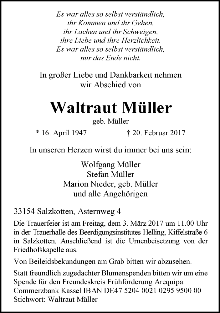  Traueranzeige für Waltraut Müller vom 25.02.2017 aus Neue Westfälische