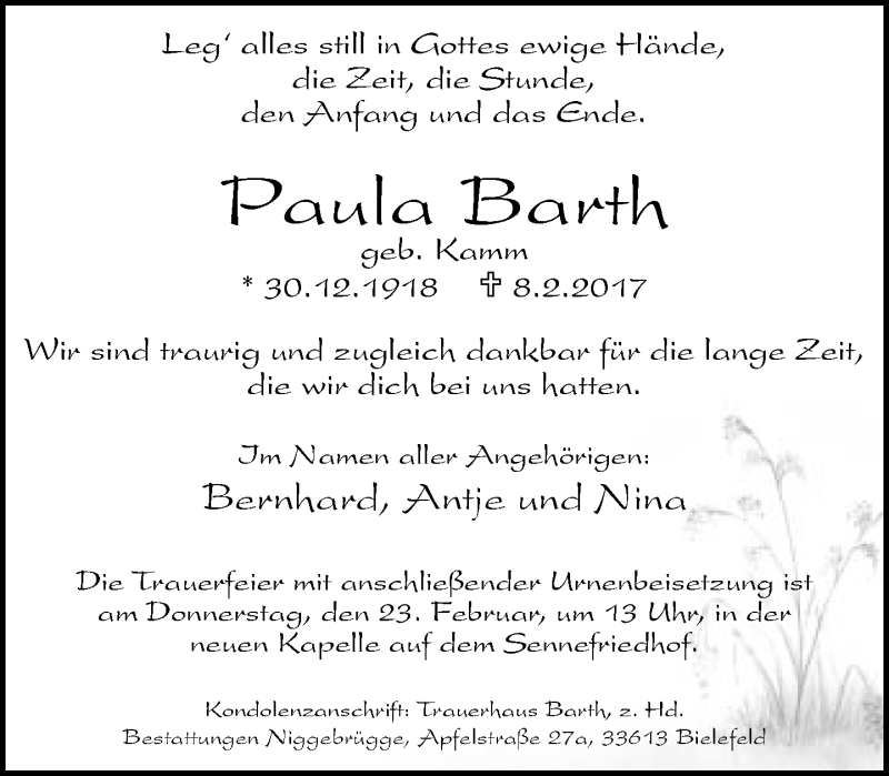  Traueranzeige für Paula Barth vom 11.02.2017 aus Neue Westfälische